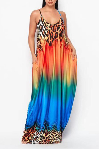 Blue Orange Sexy Gradual Change Print Patchwork Spaghetti Strap A Line Dresses