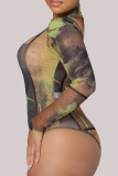 Green Sexy Print Mesh Half A Turtleneck Long Sleeve Two Pieces