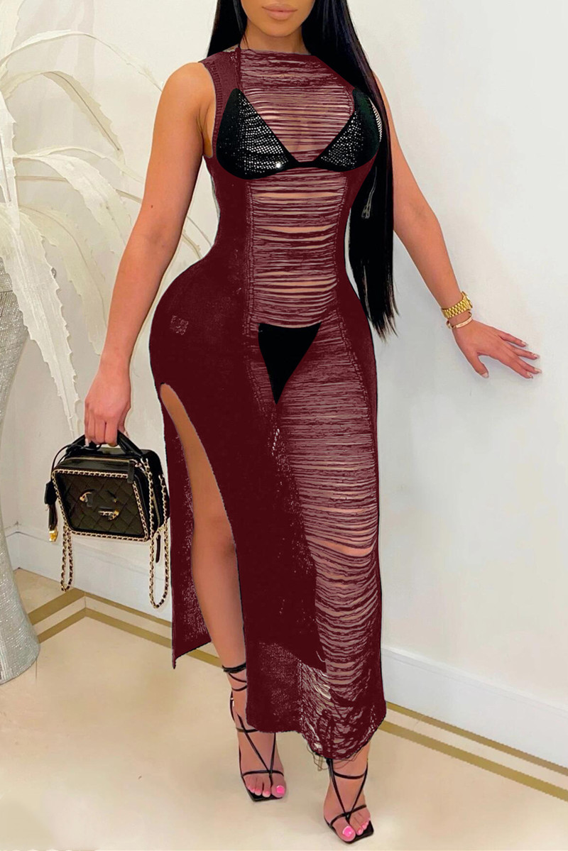 

Burgundy Sexy Solid Hollowed Out Slit O Neck Sleeveless Dress