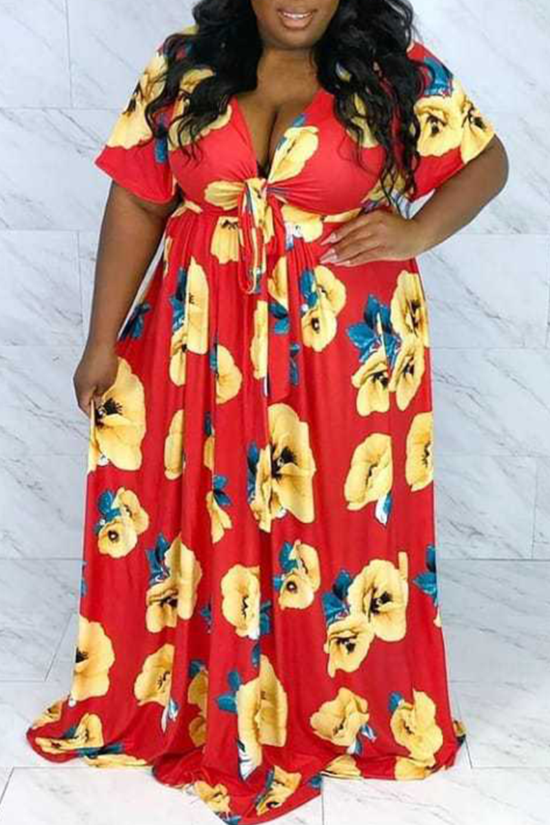

Red Casual Print Patchwork V Neck Cake Skirt Plus Size Dresses