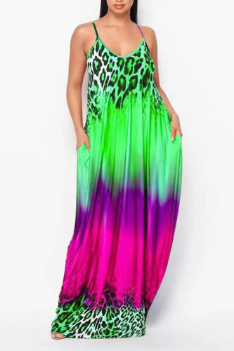 Fluorescent Green Sexy Gradual Change Print Patchwork Spaghetti Strap A Line Dresses