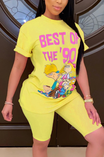 Yellow Fashion Casual Printed Short Sleeve Shorts Set