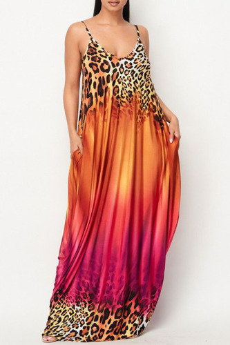 Orange Red Sexy Gradual Change Print Patchwork Spaghetti Strap A Line Dresses