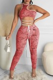 Khaki Fashion Sexy Print Hollowed Out Backless O Neck Skinny Jumpsuits