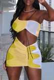 Yellow Fashion Sexy Print Patchwork One Shoulder Sleeveless Two Pieces