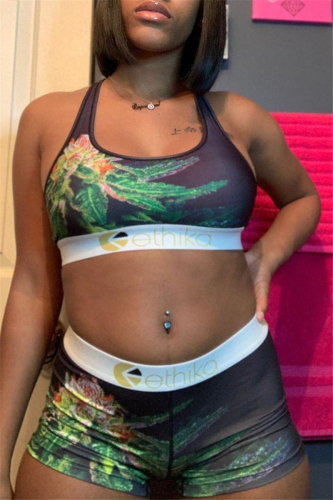 Green Fashion Print Vest Tops Shorts Sports Set