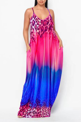 Red Blue Sexy Gradual Change Print Patchwork Spaghetti Strap A Line Dresses