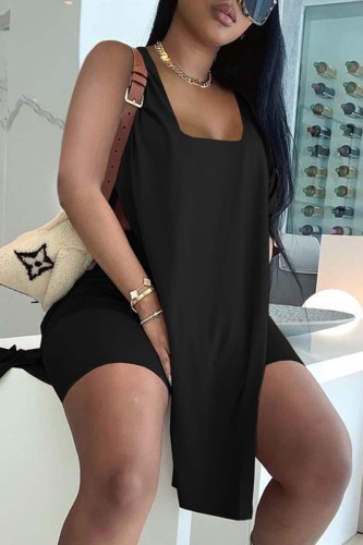 Black Fashion Casual Solid Slit U Neck Sleeveless Two Pieces