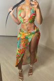 Multicolor Sexy Print Hollowed Out Backless Strap Design Halter Sleeveless Two Pieces