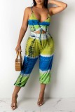 Blue Purple Sexy Casual Print Tie Dye Hollowed Out Backless V Neck Regular Jumpsuits