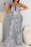 Black Sexy Print Hollowed Out Backless Strap Design O Neck Regular Jumpsuits