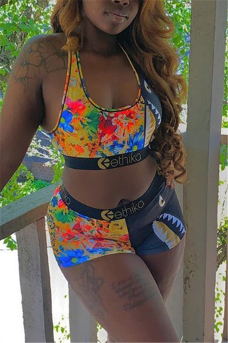 Yellow Fashion Print Vest Shorts Sports Set