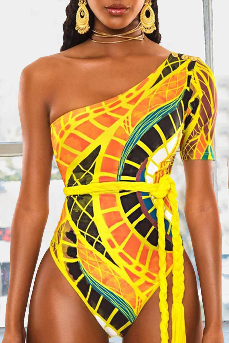 

Yellow Sexy Fashion Printed One-piece Swimsuit（Without Belt）