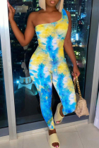 Yellow Sexy Casual Tie Dye Printing One Shoulder Skinny Jumpsuits