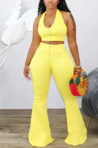 Yellow Fashion Sexy adult Ma'am Solid Two Piece Suits Loose Sleeveless Two Pieces