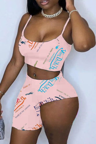 Pink Sexy Print Patchwork Spaghetti Strap Sleeveless Two Pieces