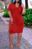 Rose Red Fashion Casual Solid Basic V Neck Short Sleeve Dress