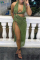 Ink Green Fashion Sexy Solid Hollowed Out Backless Slit Halter Sleeveless Dress