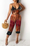 Blue Purple Sexy Casual Print Tie Dye Hollowed Out Backless V Neck Regular Jumpsuits