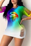 Turquoise Fashion Casual Lips Printed Hollowed Out O Neck Short Sleeve Dress