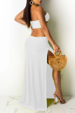 White Sexy Solid Hollowed Out Backless Slit Halter Strapless Dress