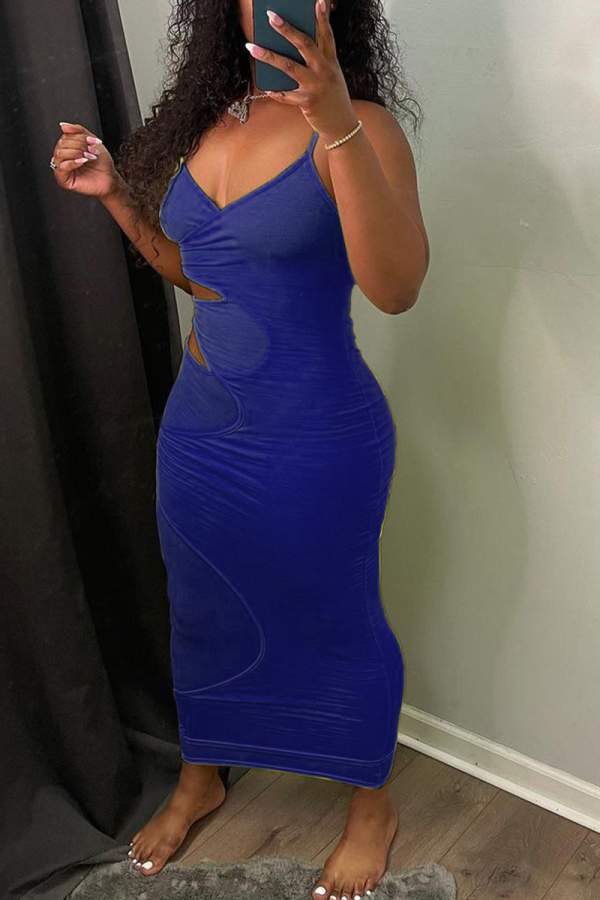 Blue Sexy Solid Hollowed Out Spaghetti Strap Pencil Skirt Dresses
