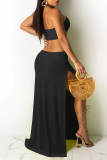 Black Sexy Solid Hollowed Out Backless Slit Halter Strapless Dress
