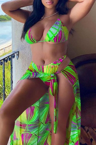 Fluorescent Color Sexy Print Backless Swimwears Three-piece Set