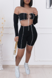 Black Street Solid Bandage Strapless Long Sleeve Two Pieces