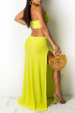 Yellow Sexy Solid Hollowed Out Backless Slit Halter Strapless Dress