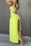 Yellow Sexy Solid Ripped High Opening Halter Irregular Dress Dresses