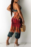 Tangerine Red Sexy Casual Print Tie Dye Hollowed Out Backless V Neck Regular Jumpsuits