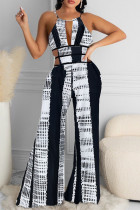 Black Sexy Print Hollowed Out Backless Strap Design O Neck Regular Jumpsuits