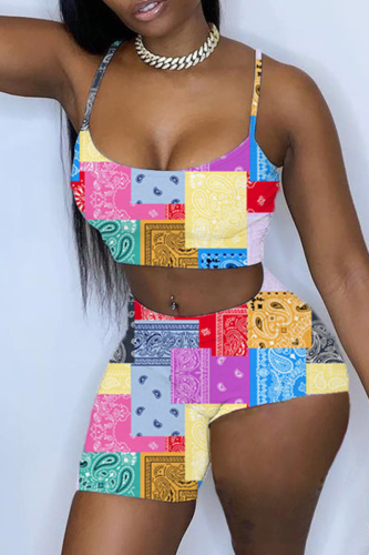 Yellow Sexy Print Patchwork Spaghetti Strap Sleeveless Two Pieces