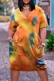 Orange Fashion Casual Tie Dye Printing V Neck Short Sleeve Dress