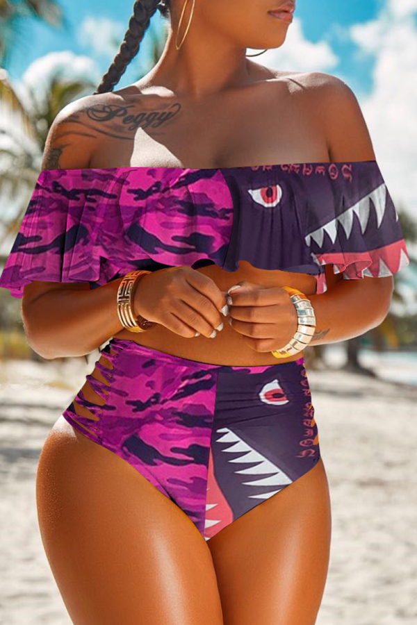 Purple Sexy Print Split Joint Flounce Swimwears