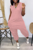 Pink Casual Solid Basic V Neck Regular Sleeveless Jumpsuits