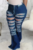 Baby Blue Sexy Solid Ripped Mid Waist Boot Cut Denim Jeans