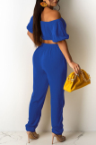 Royal Blue Sexy Casual Solid Backless Off the Shoulder Short Sleeve Two Pieces