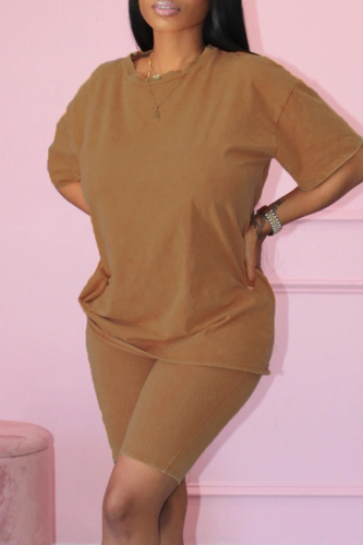 Khaki Fashion Casual Solid Basic O Neck Short Sleeve Two Pieces