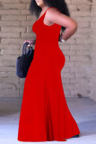 Red Sexy Casual Solid Backless V Neck Regular Sleeveless Jumpsuits