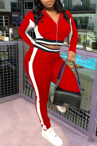 Red Casual Sportswear Patchwork Basic Zipper Collar Long Sleeve Two Pieces
