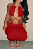Red Sexy Solid Hollowed Out Halter Pencil Skirt Dresses