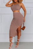 Brown Sexy Casual Striped Print Backless Slit Spaghetti Strap Sleeveless Two Pieces