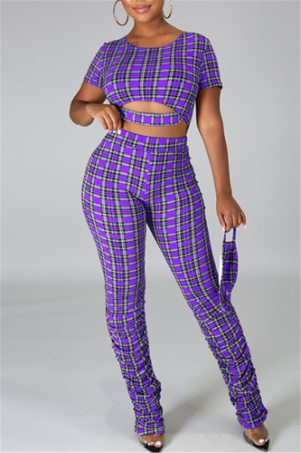 Purple Fashion Casual Plaid Print Hollowed Out O Neck Short Sleeve Two Pieces