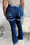 Baby Blue Sexy Solid Ripped Mid Waist Boot Cut Denim Jeans