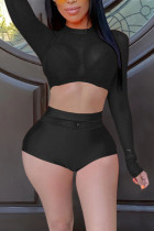 Black Sexy Long Sleeve Top Shorts Mesh Set