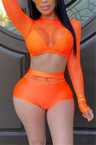 Orange Sexy Long Sleeve Top Shorts Mesh Set