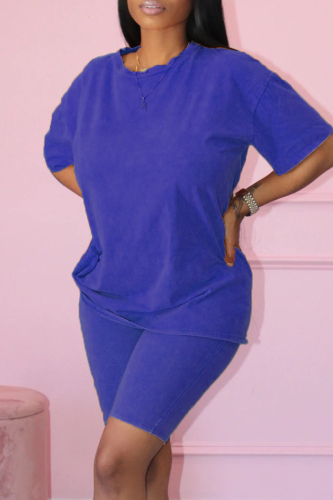 Royal Blue Fashion Casual Solid Basic O Neck Short Sleeve Two Pieces