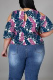 Multicolor Fashion Casual Print Hollowed Out V Neck Plus Size Tops